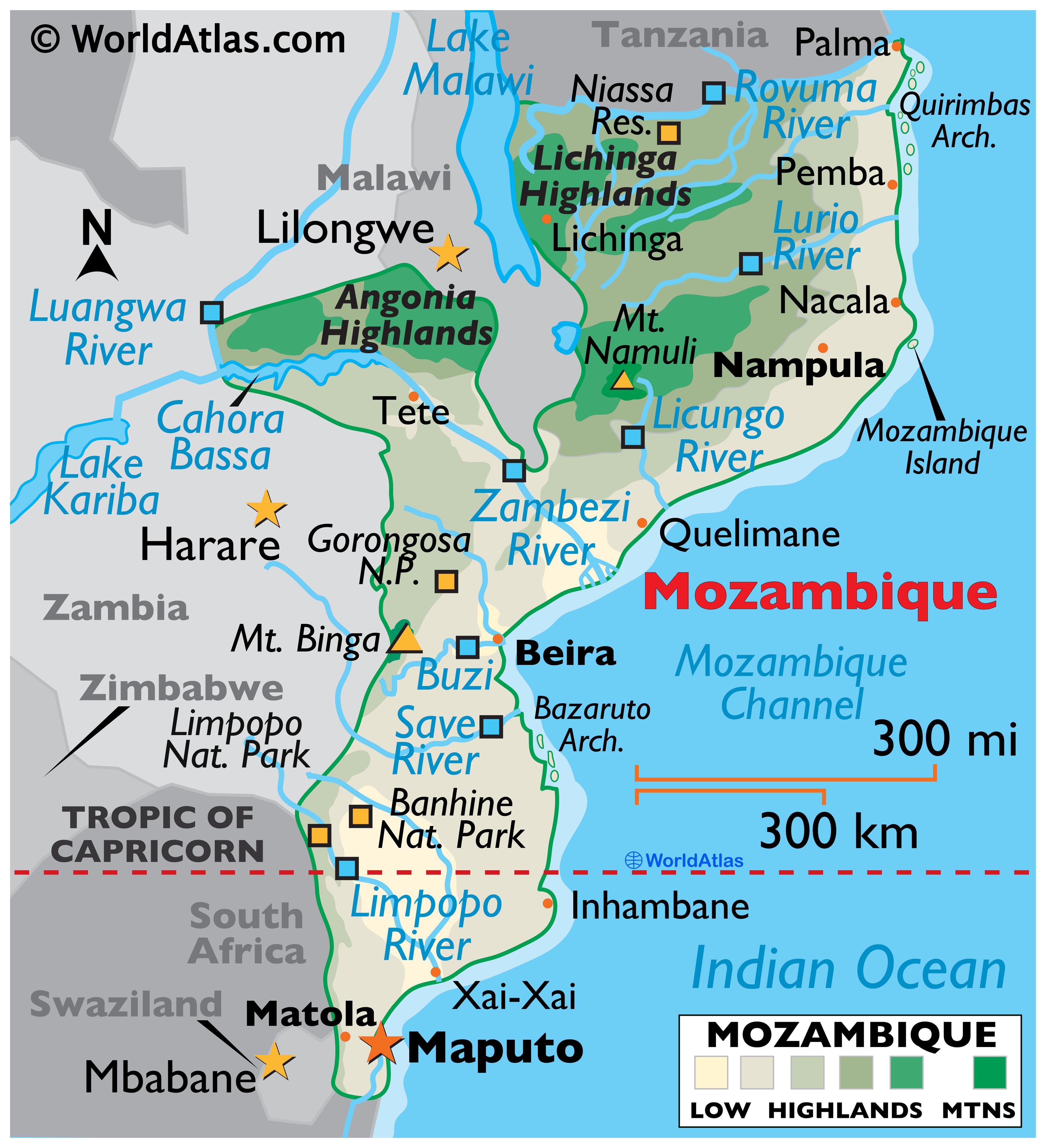 Map of Mozambique showing where the cyclones can come