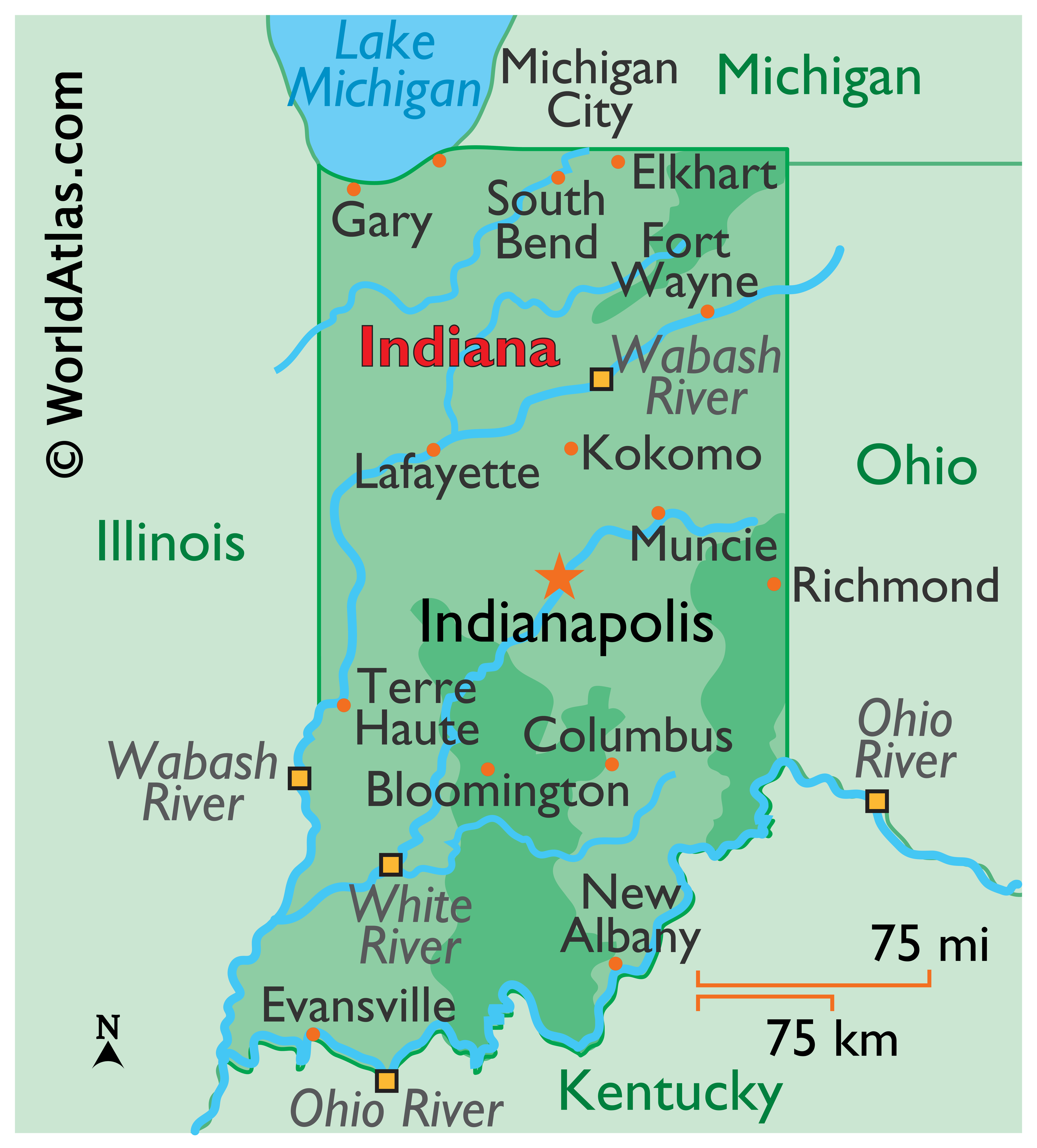 cities in indiana map Indiana Facts On Largest Cities Populations Symbols Worldatlas Com cities in indiana map