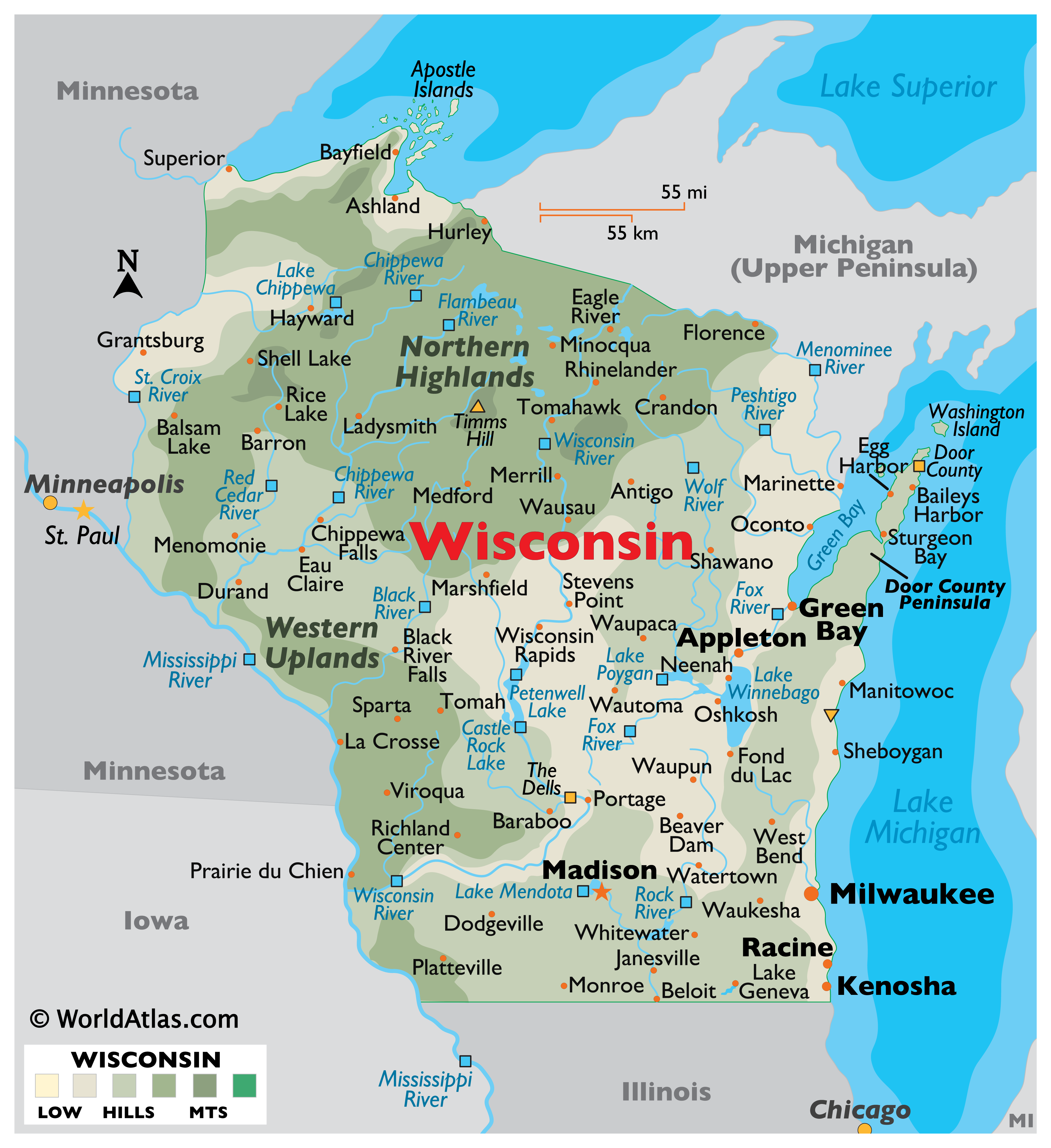 wisconsin map geography bay green where wi state worldatlas schools webimage usa usstates countrys namerica atlas print maps gif landforms