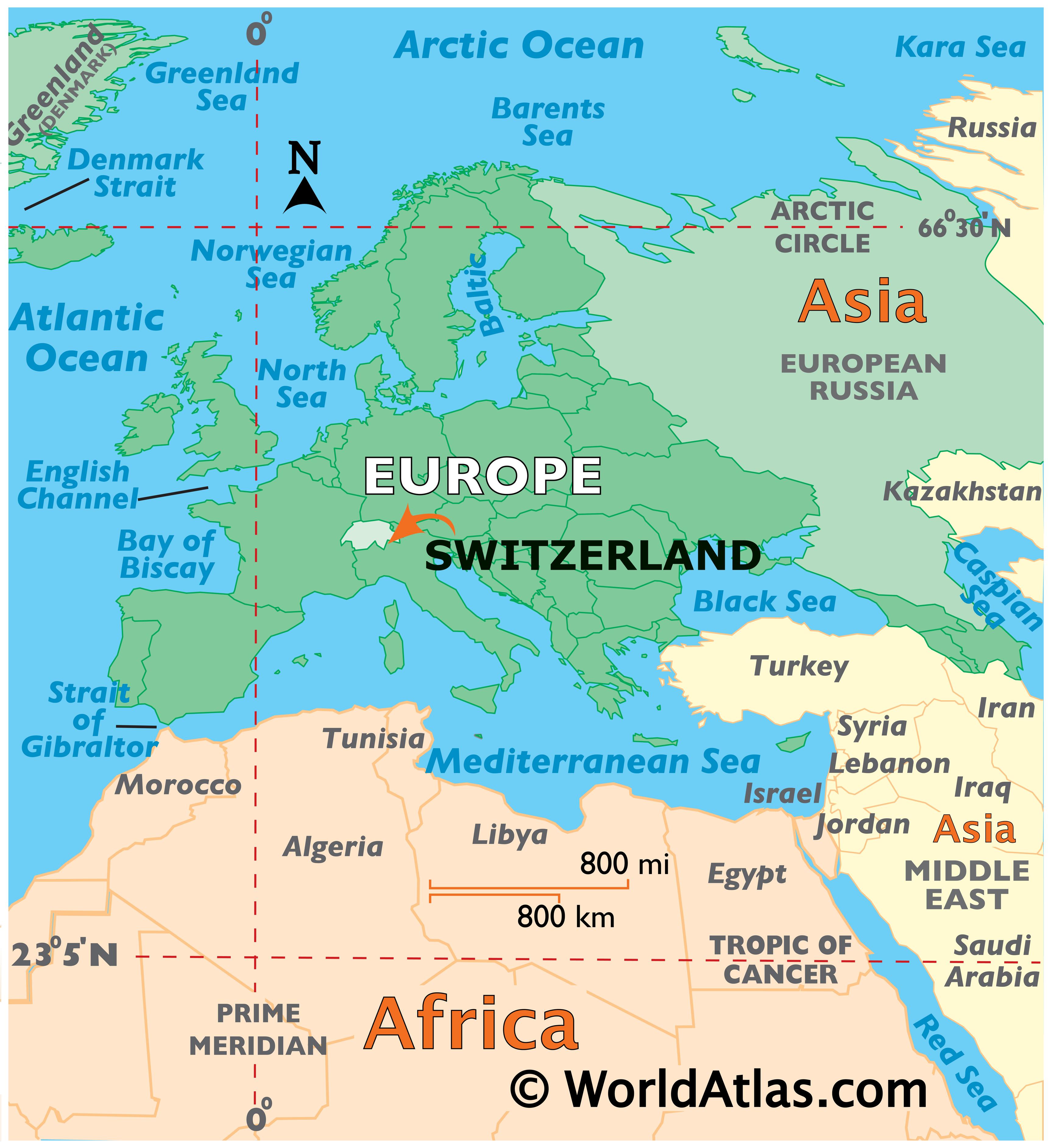 Map Of Europe Showing Switzerland