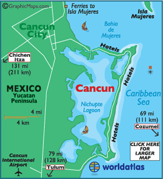 where is cancun located in mexico map Map Of Cancun Caribbean Island Maps Cancun Map Information World Atlas where is cancun located in mexico map