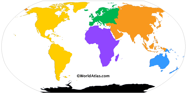 Colored map of the world with a version of the six continents model. Each color represents a continent: Purple for Africa, Green for Europe, Orange for Asia, Yellow for America, Blue for Australia / Oceania, and Black for Antarctica.