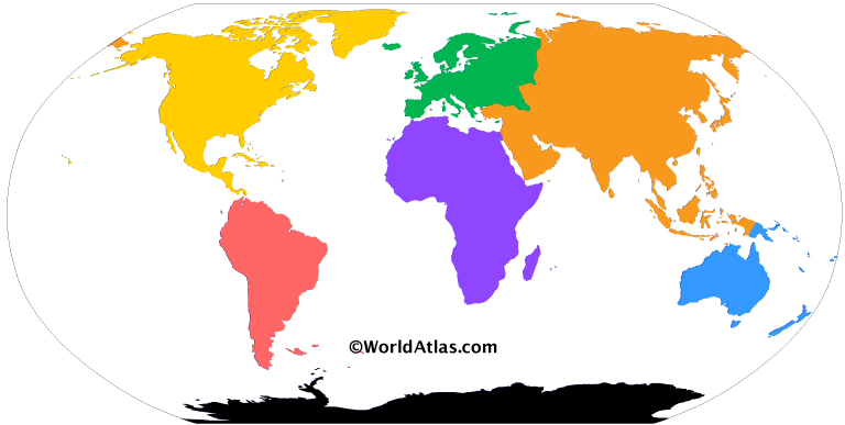 Colored map of the world with the seven continents model. Each color represents a continent: Purple for Africa, Green for Europe, Orange for Asia, Yellow for North America, Red for South America, Blue for Australia / Oceania, and Black for Antarctica.