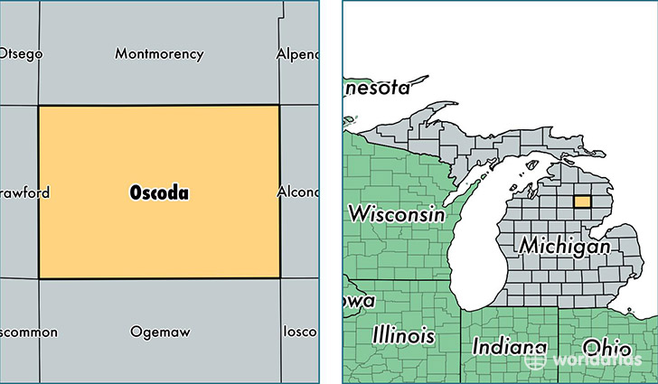 location of Oscoda county on a map