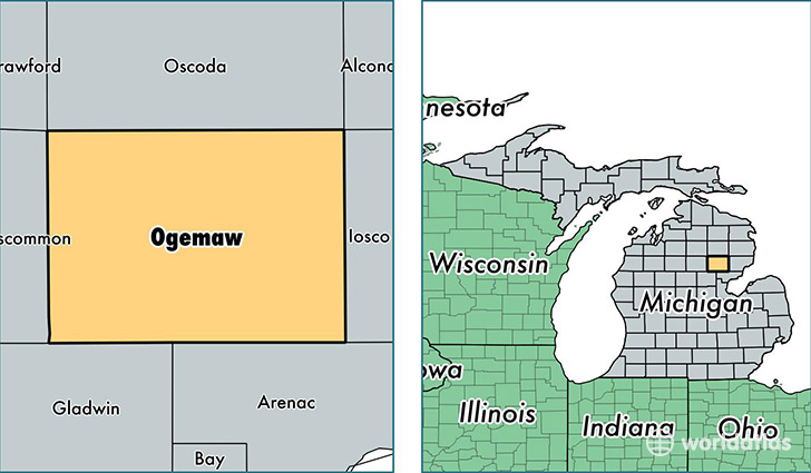 location of Ogemaw county on a map