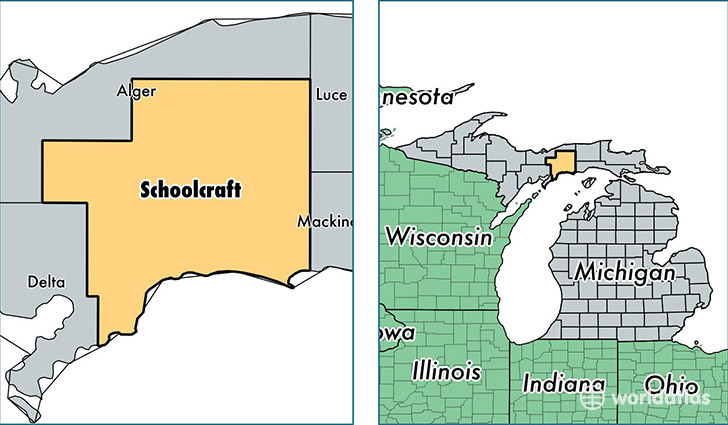 location of Schoolcraft county on a map