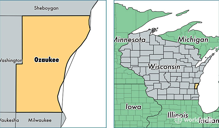 location of Ozaukee county on a map