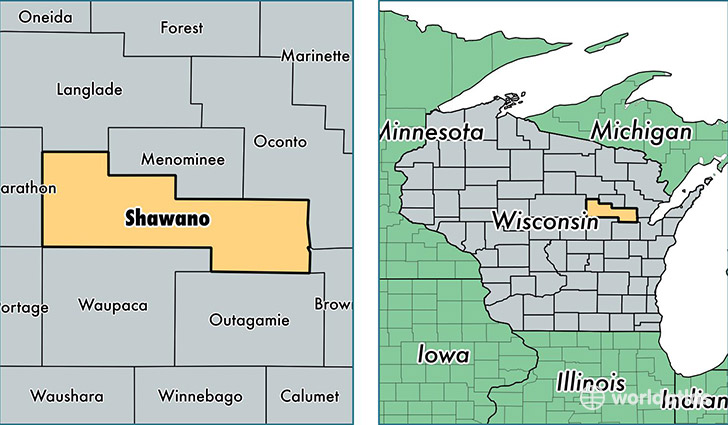 location of Shawano county on a map