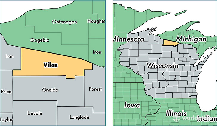 location of Vilas county on a map