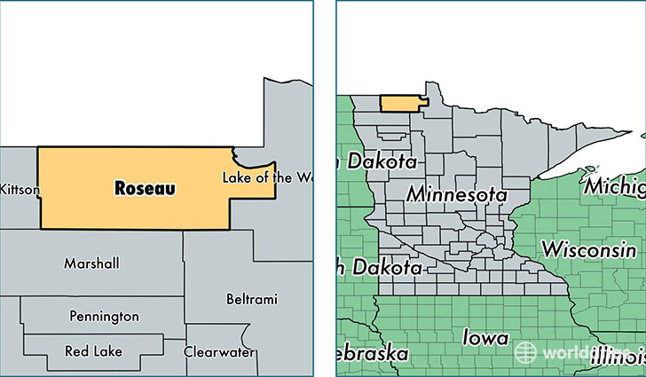 location of Roseau county on a map