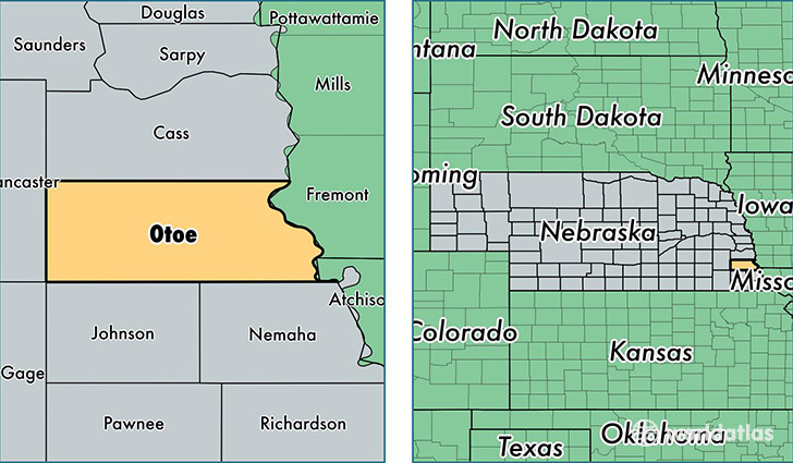 location of Otoe county on a map