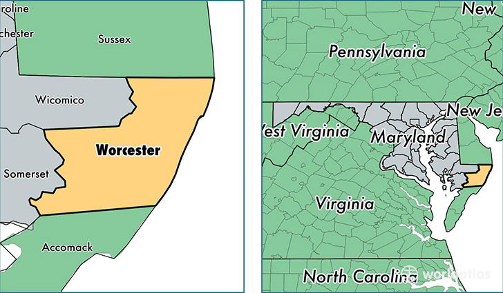 location of Worcester county on a map
