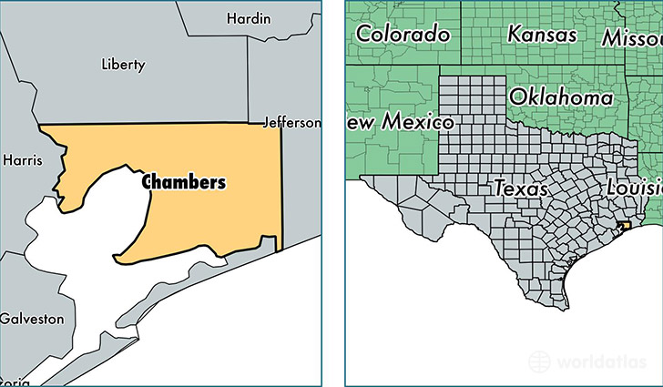 location of Chambers county on a map