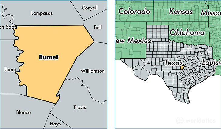 location of Burnet county on a map