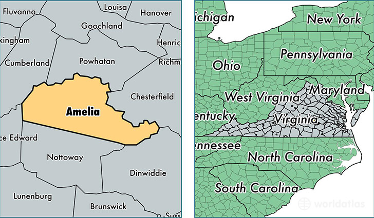 location of Amelia county on a map