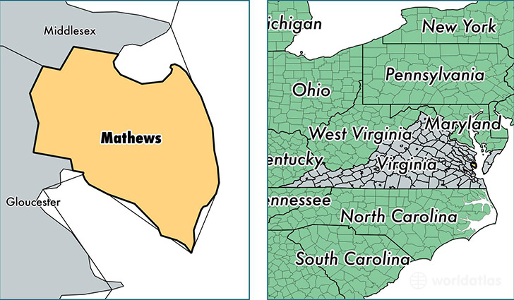 location of Mathews county on a map