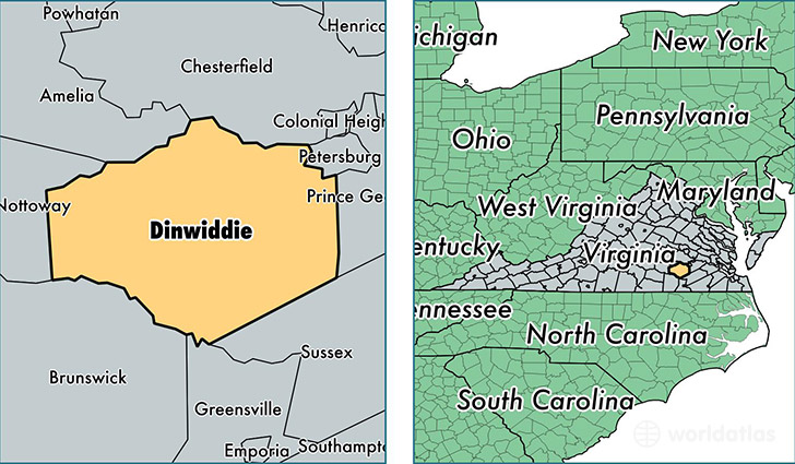 location of Dinwiddie county on a map