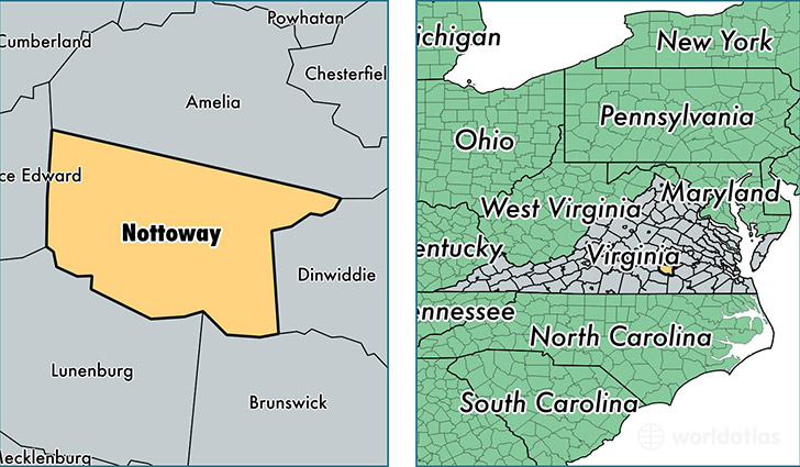 location of Nottoway county on a map