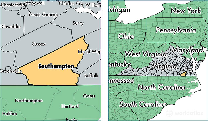 location of Southampton county on a map