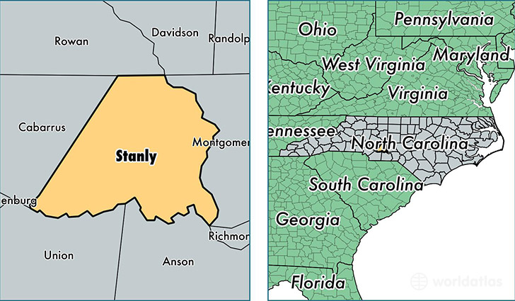 location of Stanly county on a map