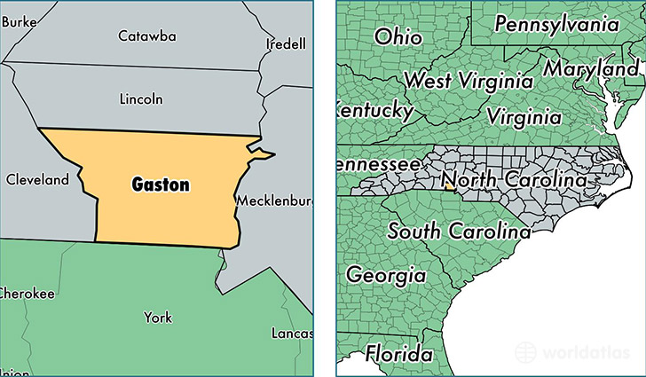 location of Gaston county on a map