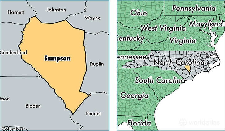 location of Sampson county on a map