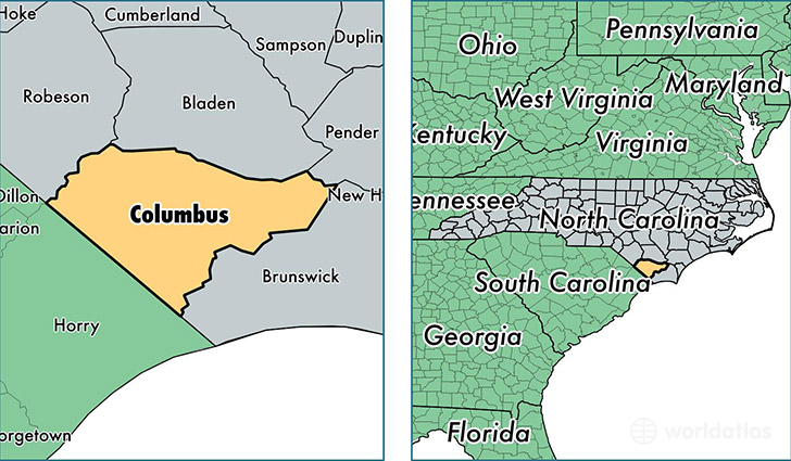 location of Columbus county on a map