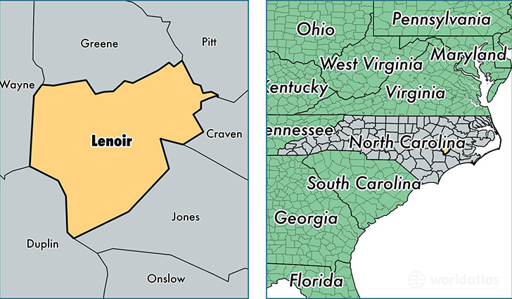 location of Lenoir county on a map