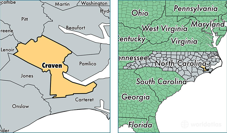 location of Craven county on a map