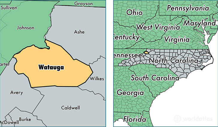 location of Watauga county on a map