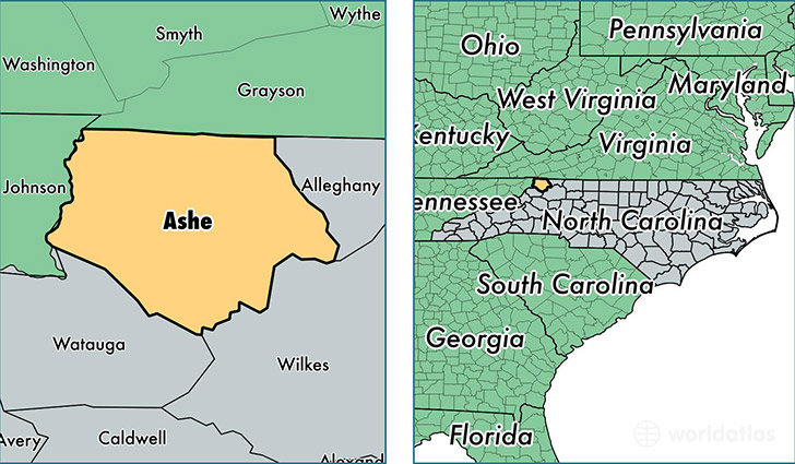 location of Ashe county on a map