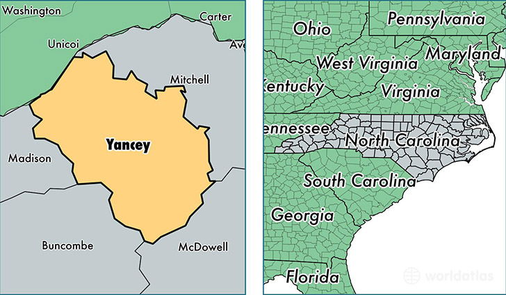 location of Yancey county on a map