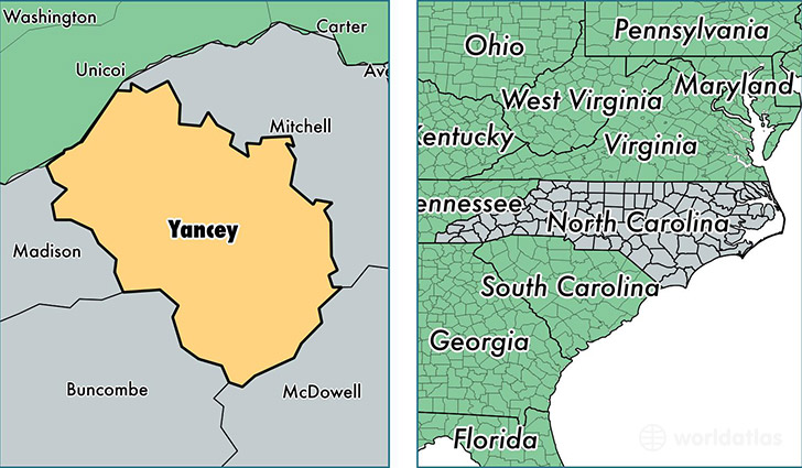 location of Yancey county on a map