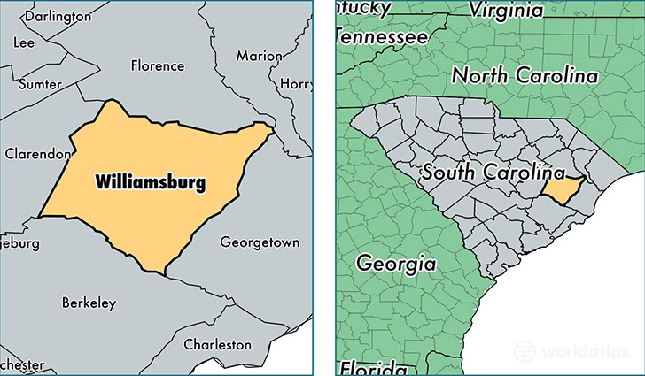 location of Williamsburg county on a map