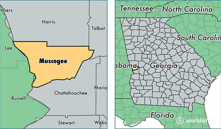 location of Muscogee county on a map