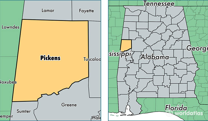 location of Pickens county on a map