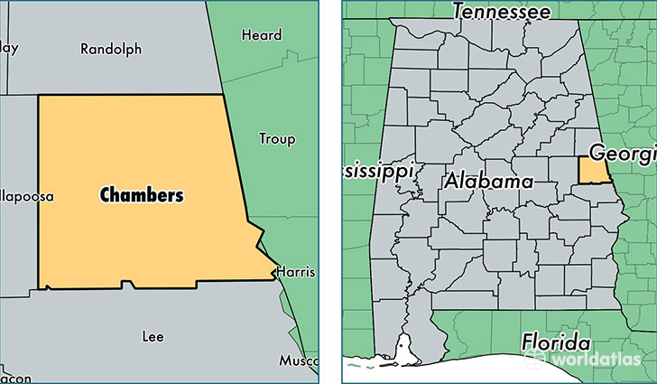 location of Chambers county on a map