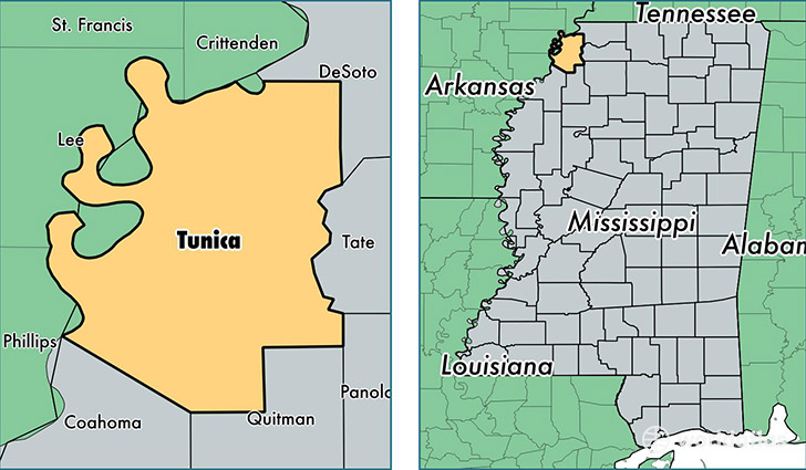 location of Tunica county on a map