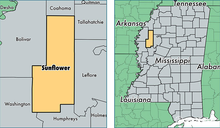location of Sunflower county on a map