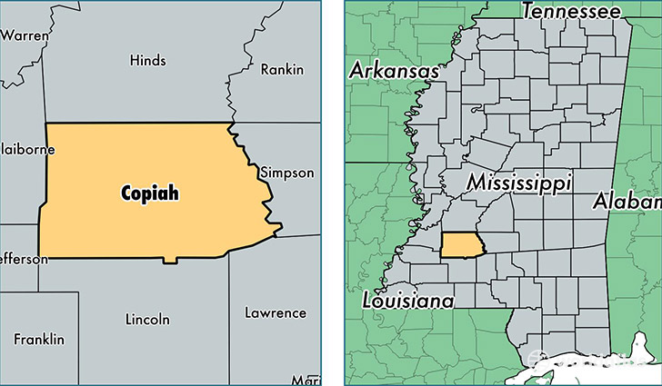 location of Copiah county on a map
