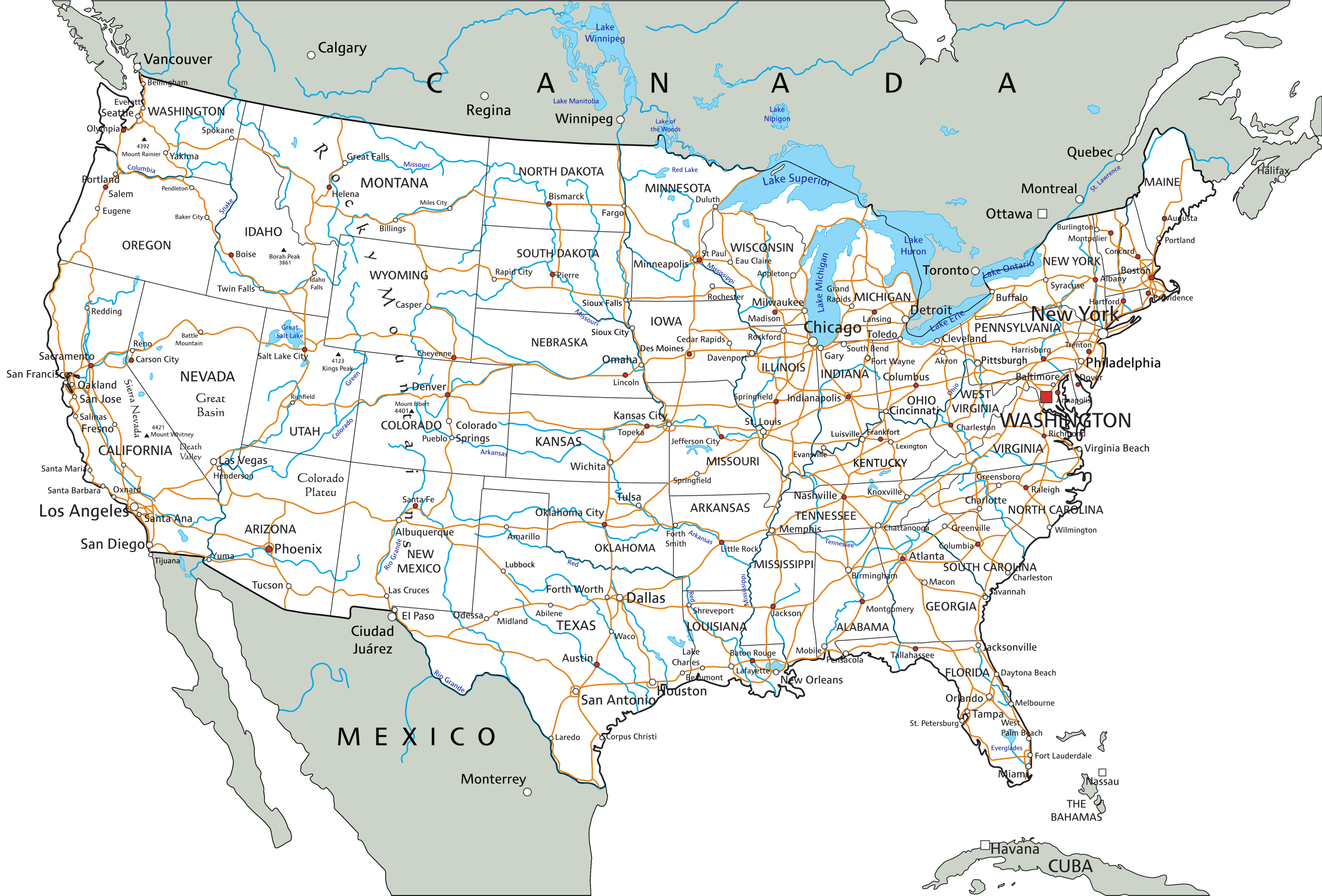 usa map with states and cities hd printable map - printable map of the