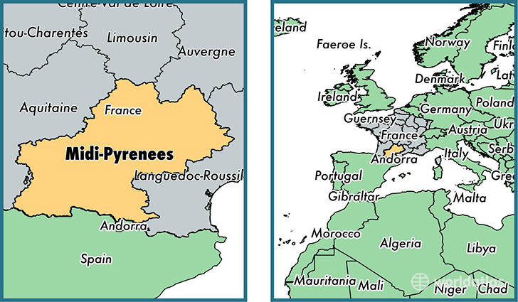 Location of metropolitan region of Midi-Pyrenees on a map