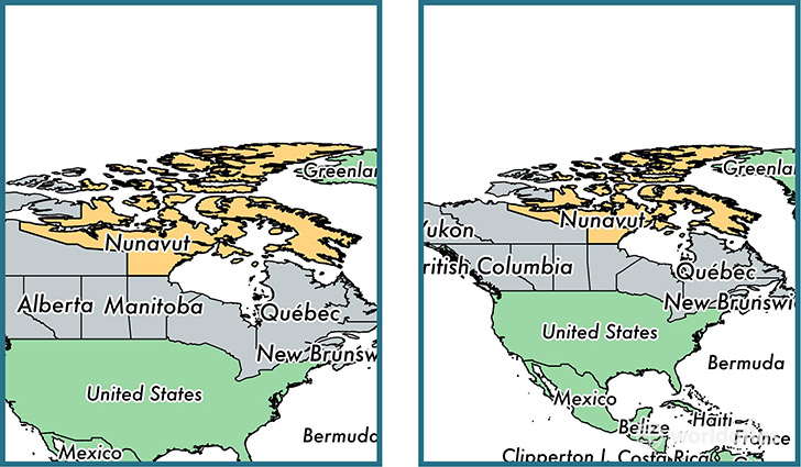 Location of territory of Nunavut on a map