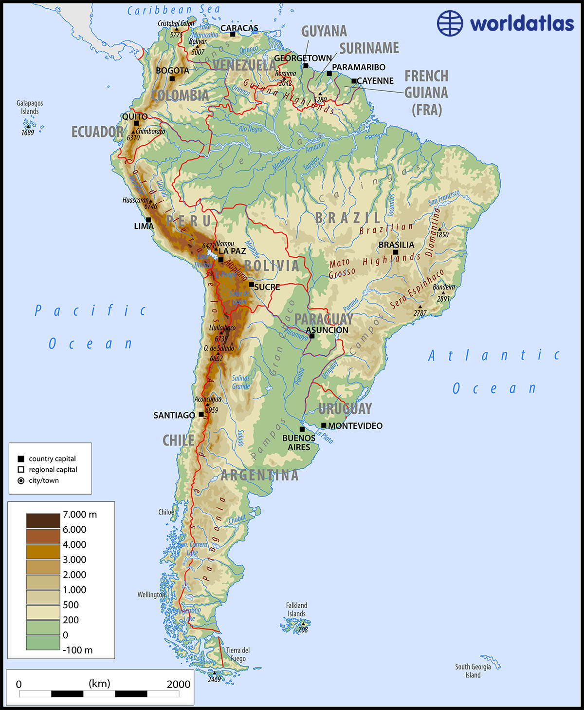 andes mountains on world map