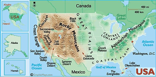 US landform map showing mountain ranges