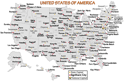 Map of the United States labeled with major cities