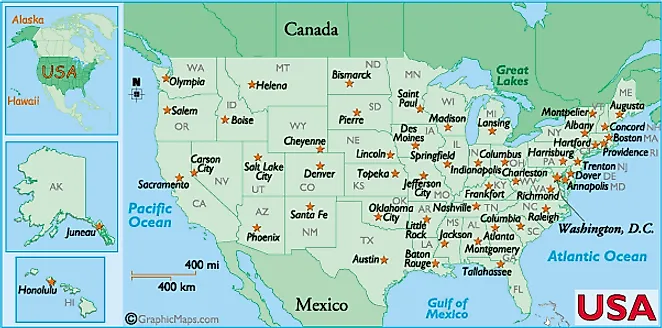 Map of the United States labeled with state capitals