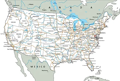 Map of the United States mainland highlighting the US major roadways