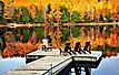Wooden dock with chairs on calm fall lake. Image credit Elena Elisseeva via shutterstock