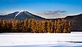 Whiteface mountain peak viewed from the frozen Paradox Bay in Lake Placid, Upstate New York